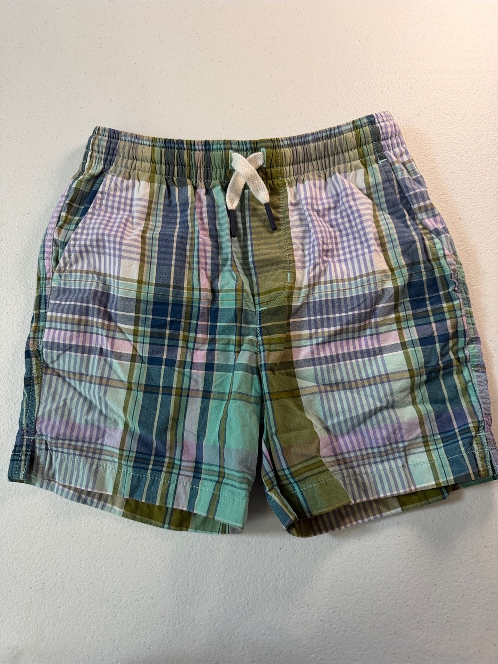 Boy’s Plaid Drawstring Shorts - Green Multi